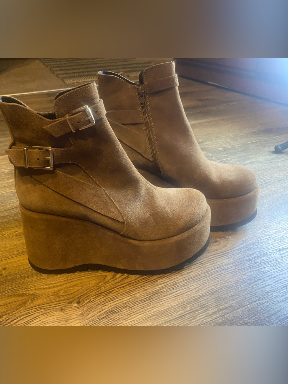 Free People Tan Suede Platform Ankle Booties with Buckle Straps